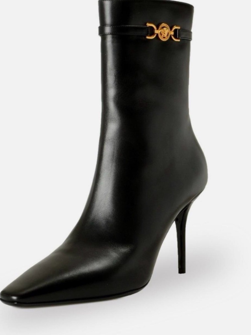 Versace Black Leather Pointed-Toe Stiletto Ankle Boot with Gold Medusa Accent